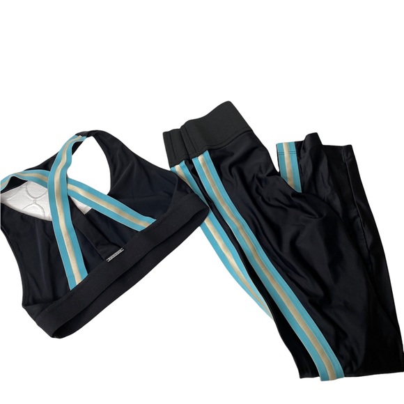 Koral Trainer 2-pc High Rise Blue Racer Stripe Metallic Leggings Bra Shiny XS - Picture 8 of 13